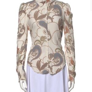See By Chloé Cream Paisley Print Button-Up Blouse with Blue and Tan Accents